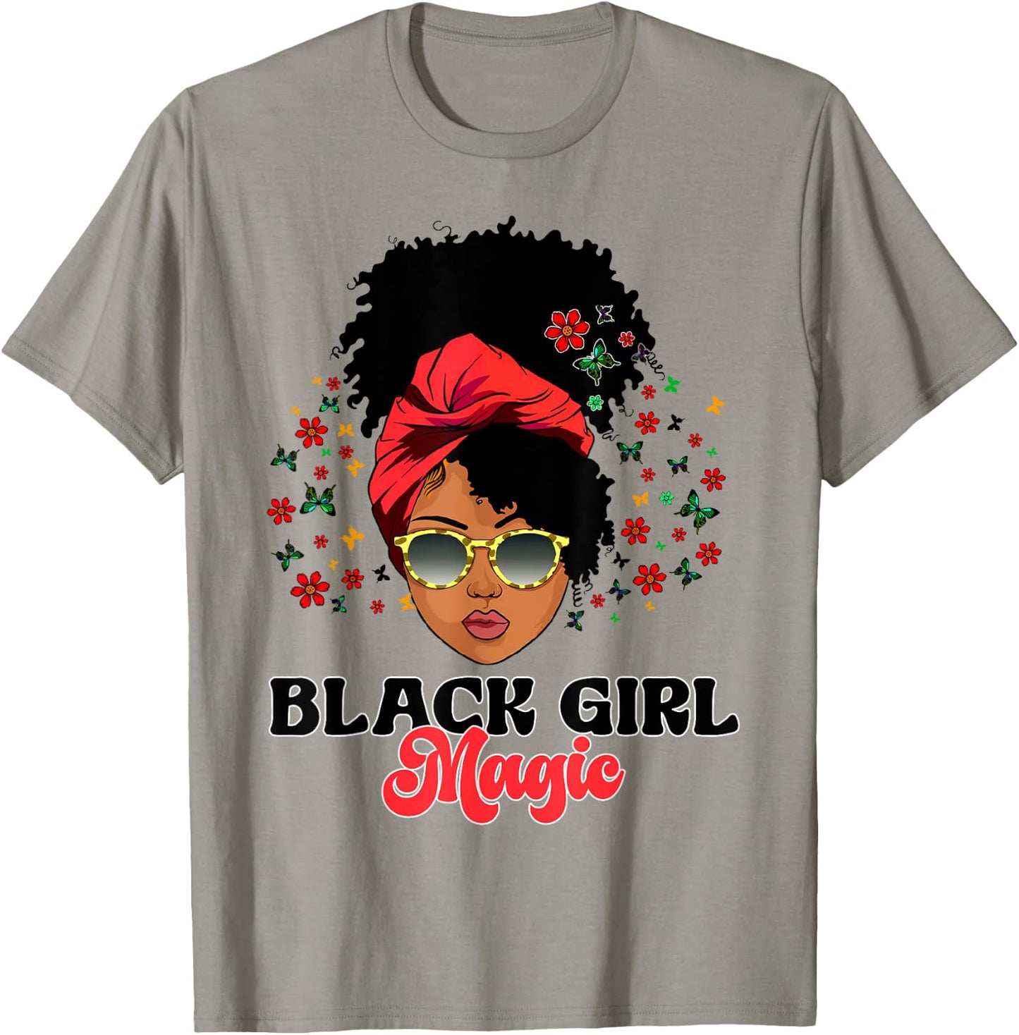 Black Girl Magic Woman with Butterflies, and Flowers T-Shirt - T-Shirt | Sand