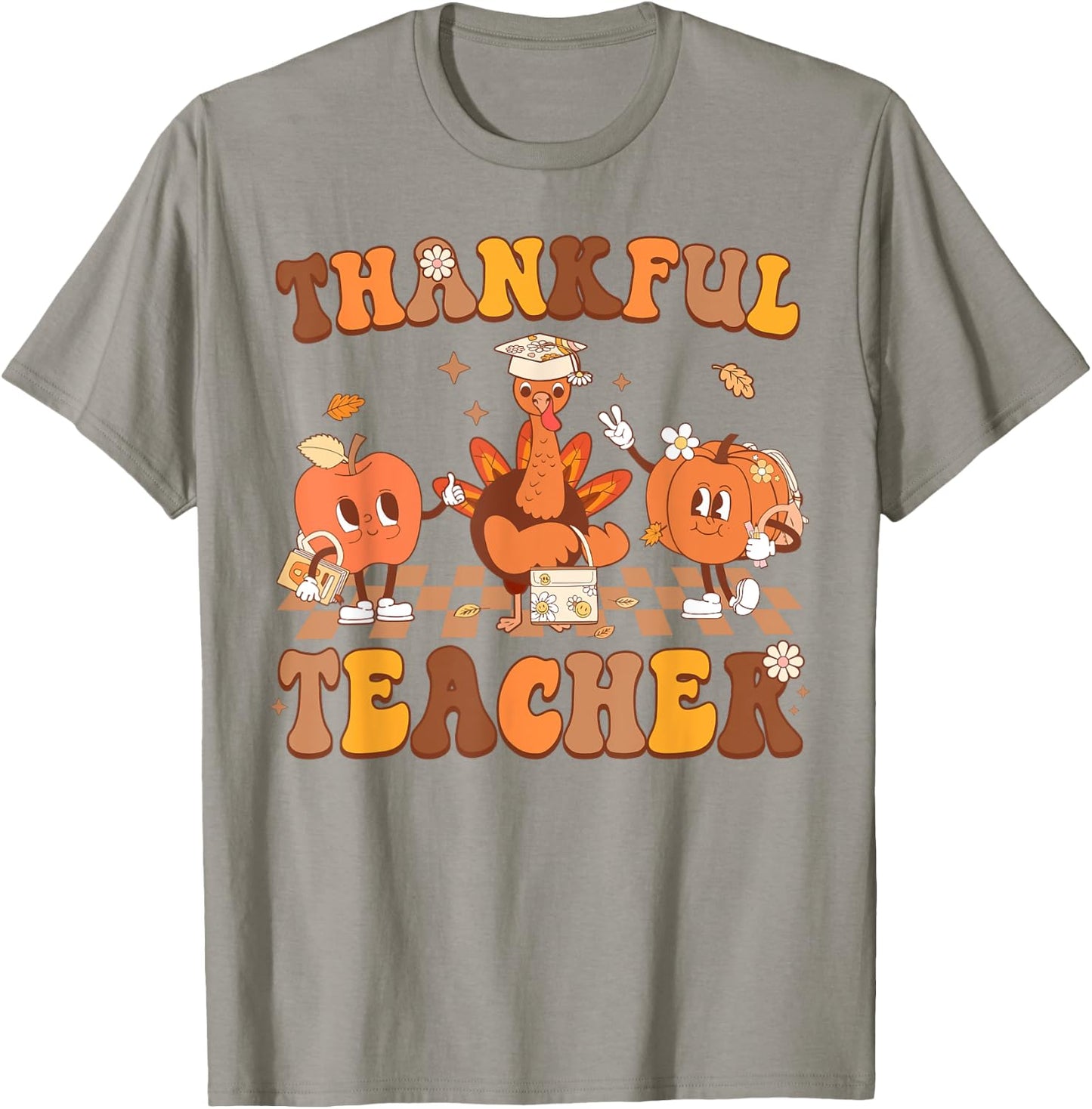 Thankful Teacher Retro Groovy Thanksgiving Fall Women Men T-Shirt - T-Shirt | Sand