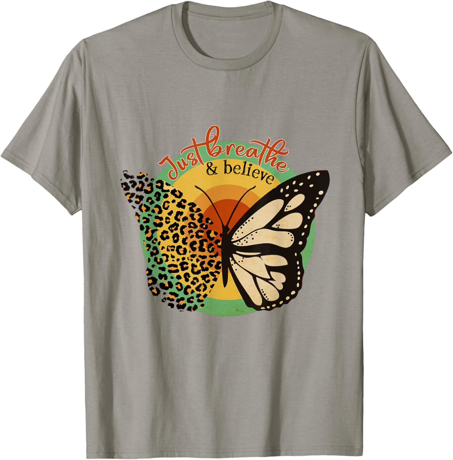 Just Breathe & Believe Keep Calm Leopard Print Butterfly T-Shirt - T-Shirt | Sand