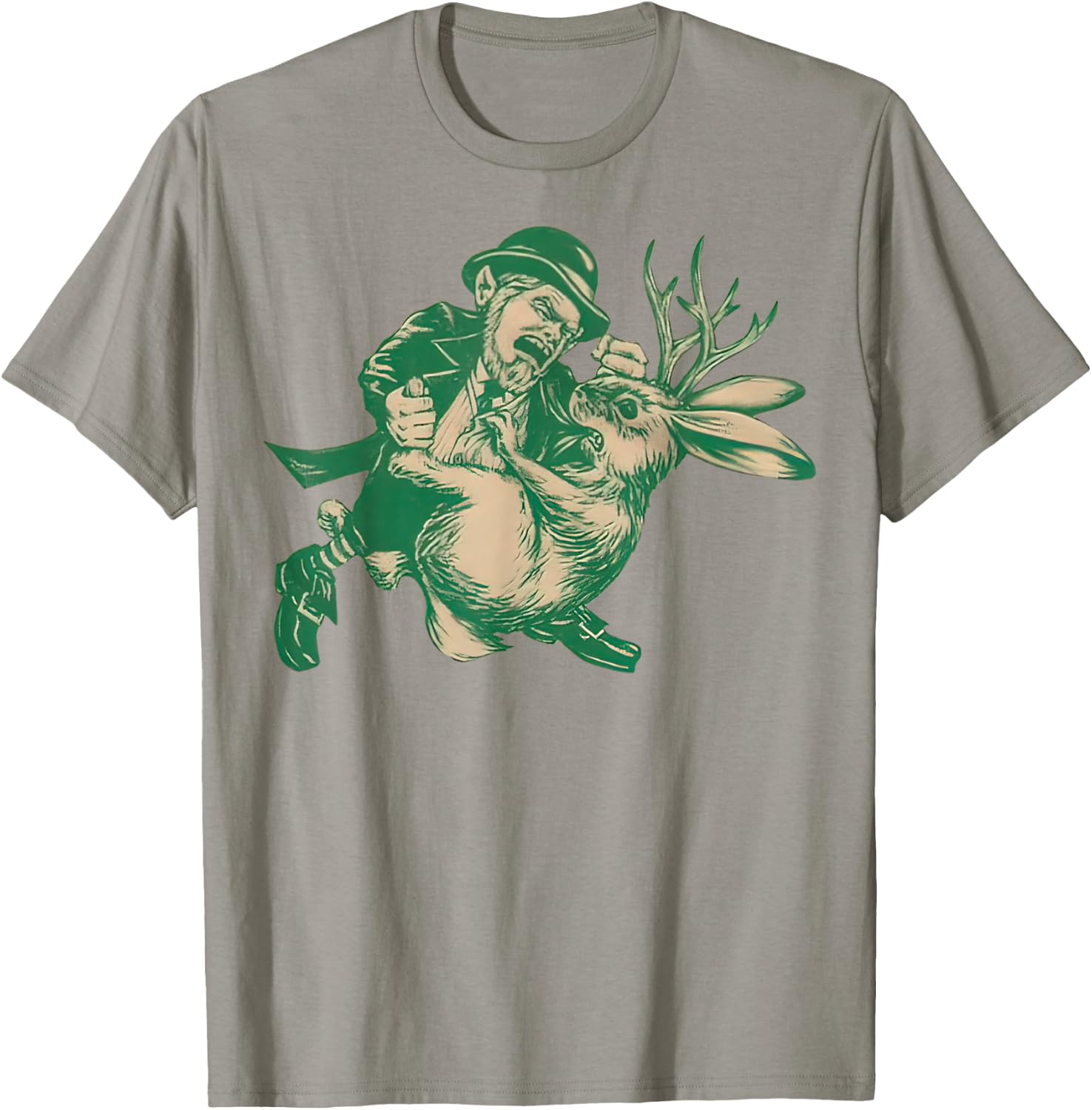 LEPRECHAUN Fighting JACKALOPE Funny Mythological Beasts T-Shirt - T-Shirt | Sand
