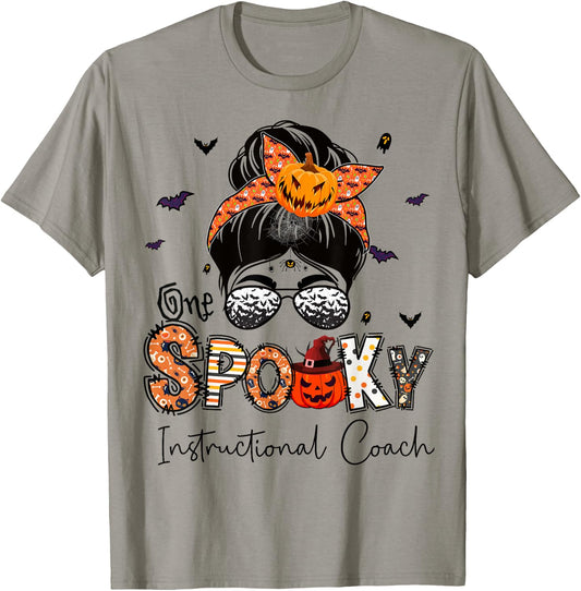 One Spooky Instructional Coach Messy Bun Women Halloween T-Shirt - T-Shirt | Sand