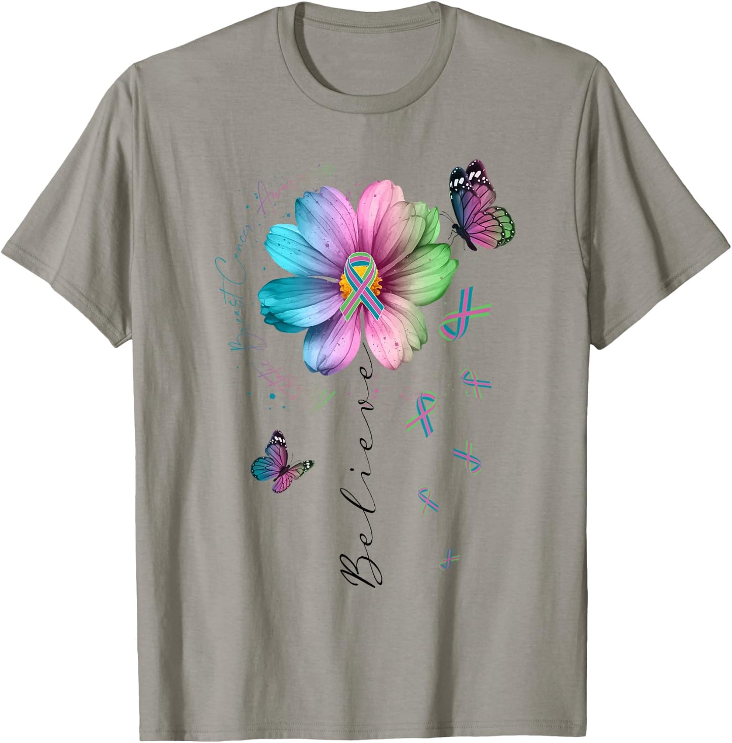 Believe Green Teal Pink Ribbon Cosmos Flower Butterfly MBC T-Shirt - T-Shirt | Sand