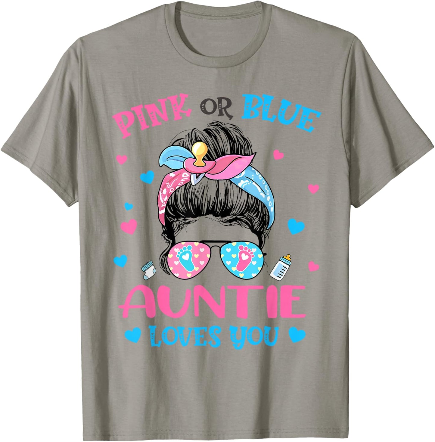 Pink or Blue Auntie Loves You Gender Reveal Messy Bun T-Shirt - T-Shirt | Sand