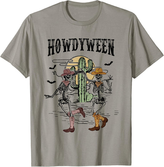 Howdy Retro Desert Dancing Skeleton Cowboy Boots Hat Western T-Shirt - T-Shirt | Sand