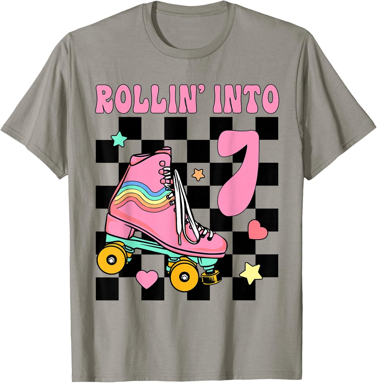 Rolling Into 7 Years Old Roller Skating Girl 7th Birthday T-Shirt - T-Shirt | Sand
