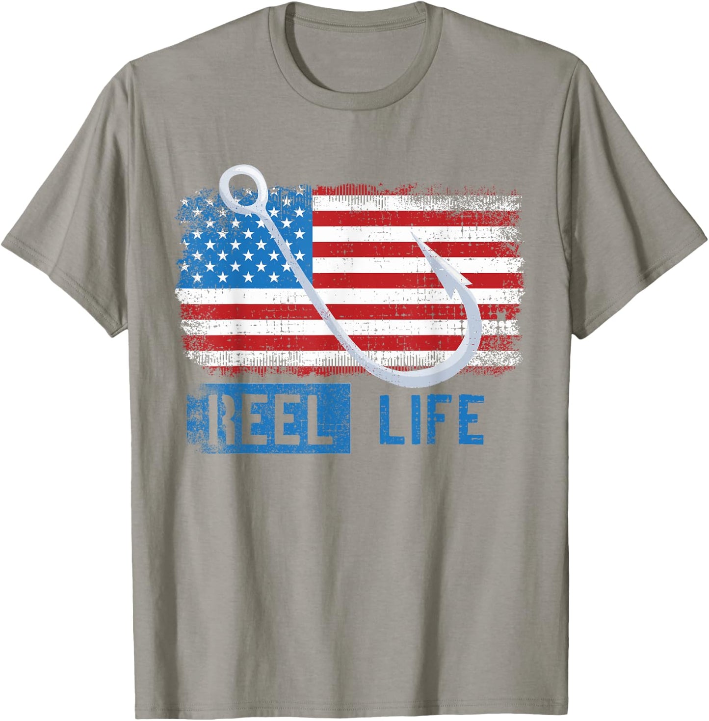Grunge American Flag Fisherman Graphic, Fishing Reel Life T-Shirt - T-Shirt | Sand
