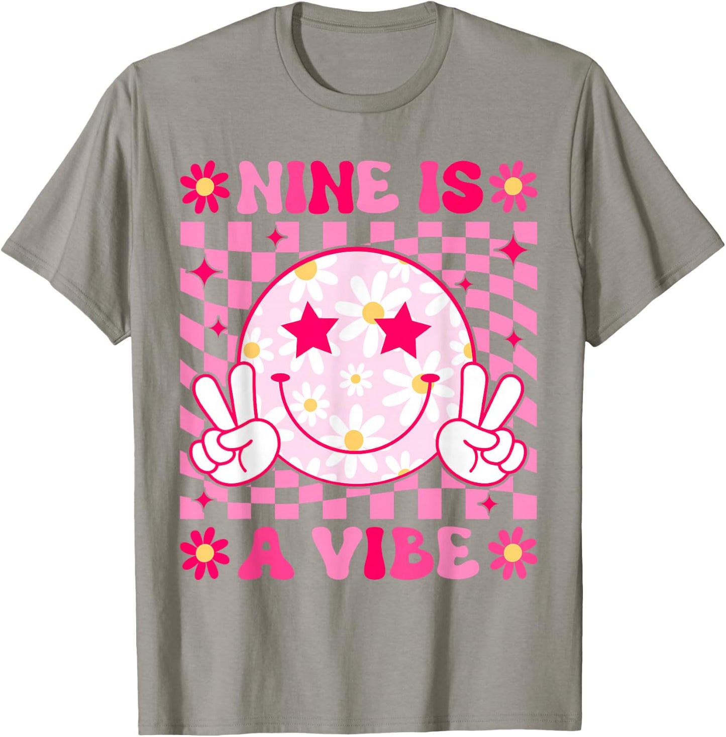 Nine is A Vibe Birthday Groovy 9 Year Old Girls 9th Birthday T-Shirt - T-Shirt | Sand
