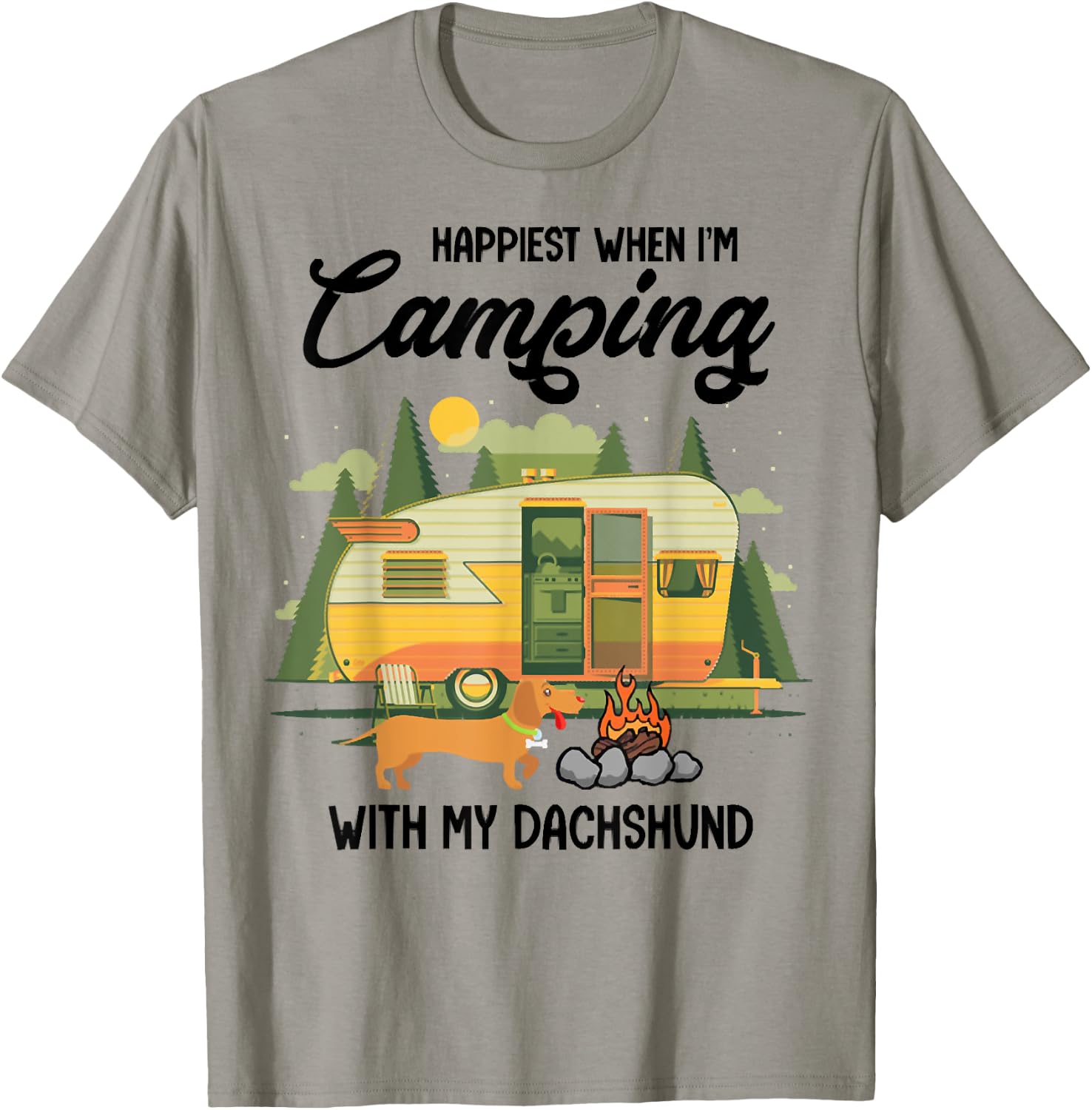 Happiest When I Camping With My Dachshund, Dog Pet Lover T-Shirt - T-Shirt | Sand