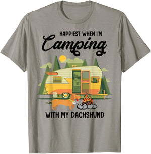 Happiest When I Camping With My Dachshund, Dog Pet Lover T-Shirt - T-Shirt | Sand