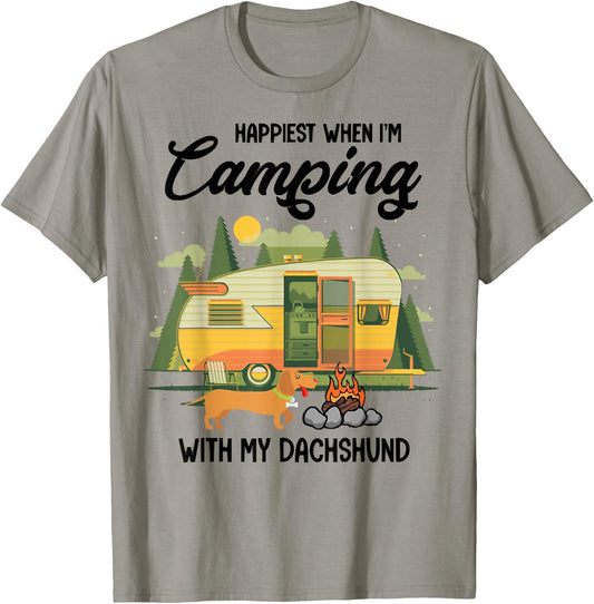 Happiest When I Camping With My Dachshund, Dog Pet Lover T-Shirt - T-Shirt | Sand