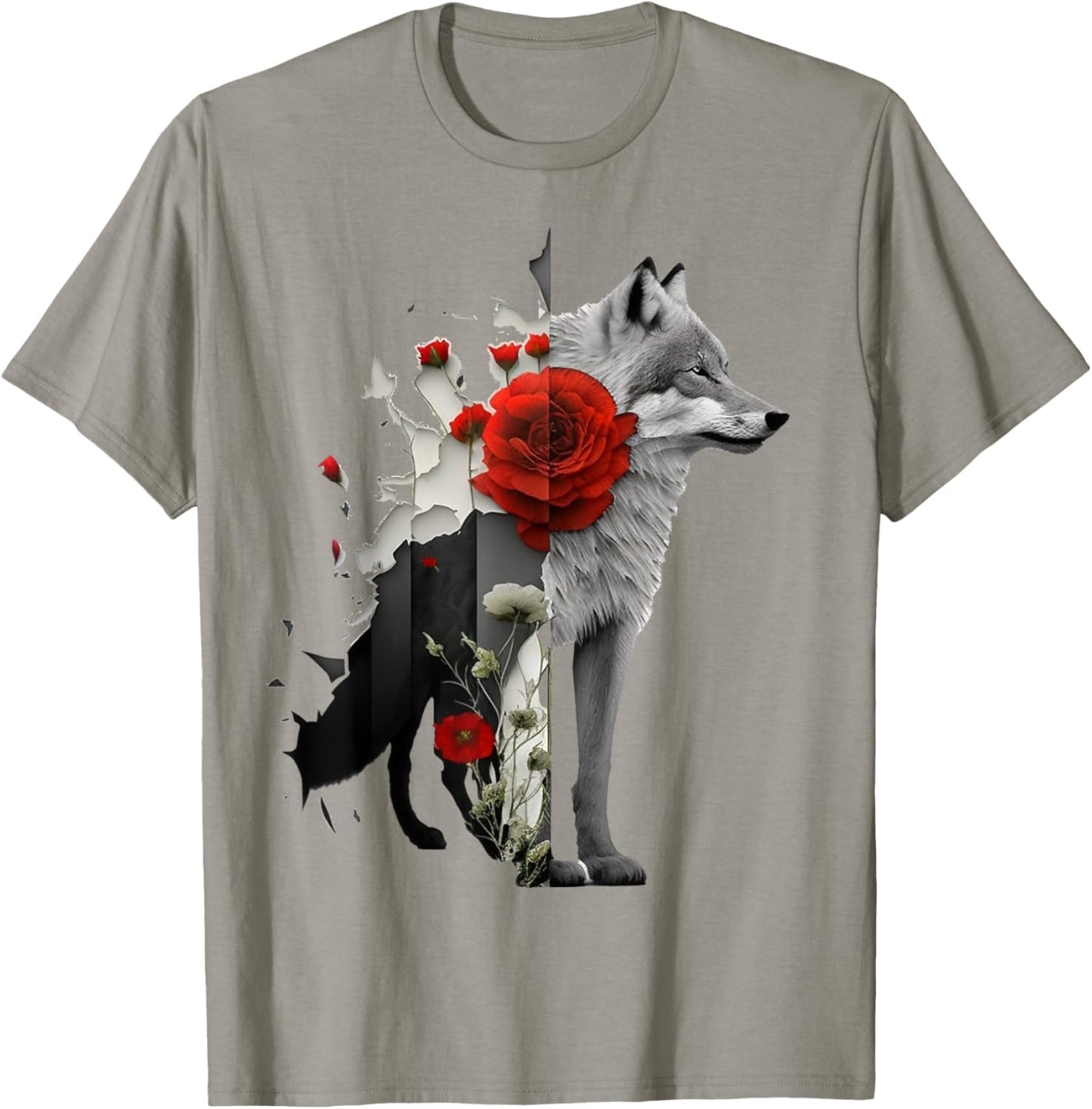 Wolf Rose Flower Animal Motif Art Animal Print Art T-Shirt - T-Shirt | Sand