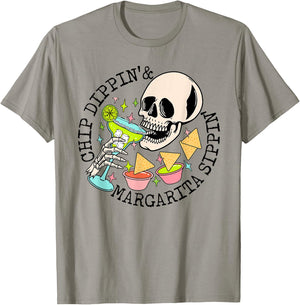 Chip Dippin Margarita Sippin Funny Skull Skeleton T-Shirt - T-Shirt | Sand