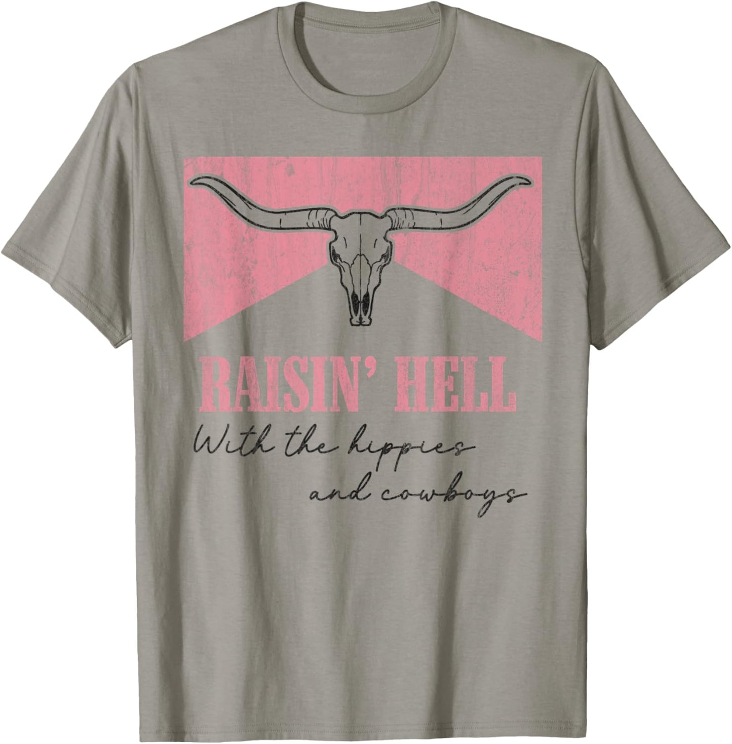 Vintage Raisin' Hell With The Hippies And Cowboys Bull Skull T-Shirt - T-Shirt | Sand