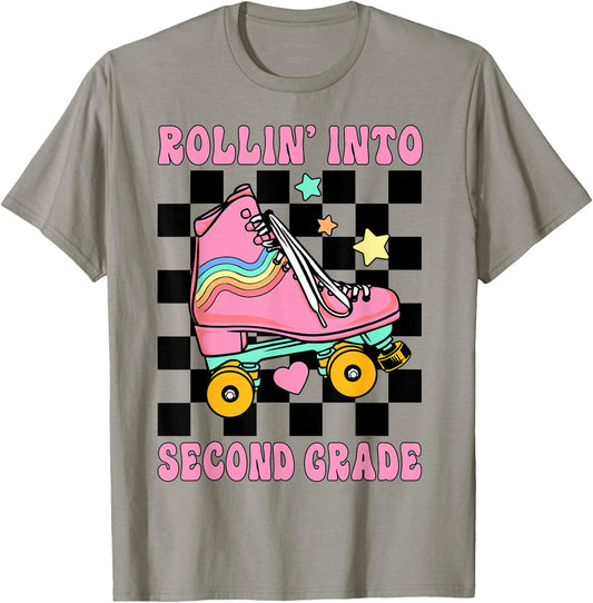 Rolling Into Second Grade Retro Roller Skates Back To School T-Shirt - T-Shirt | Sand