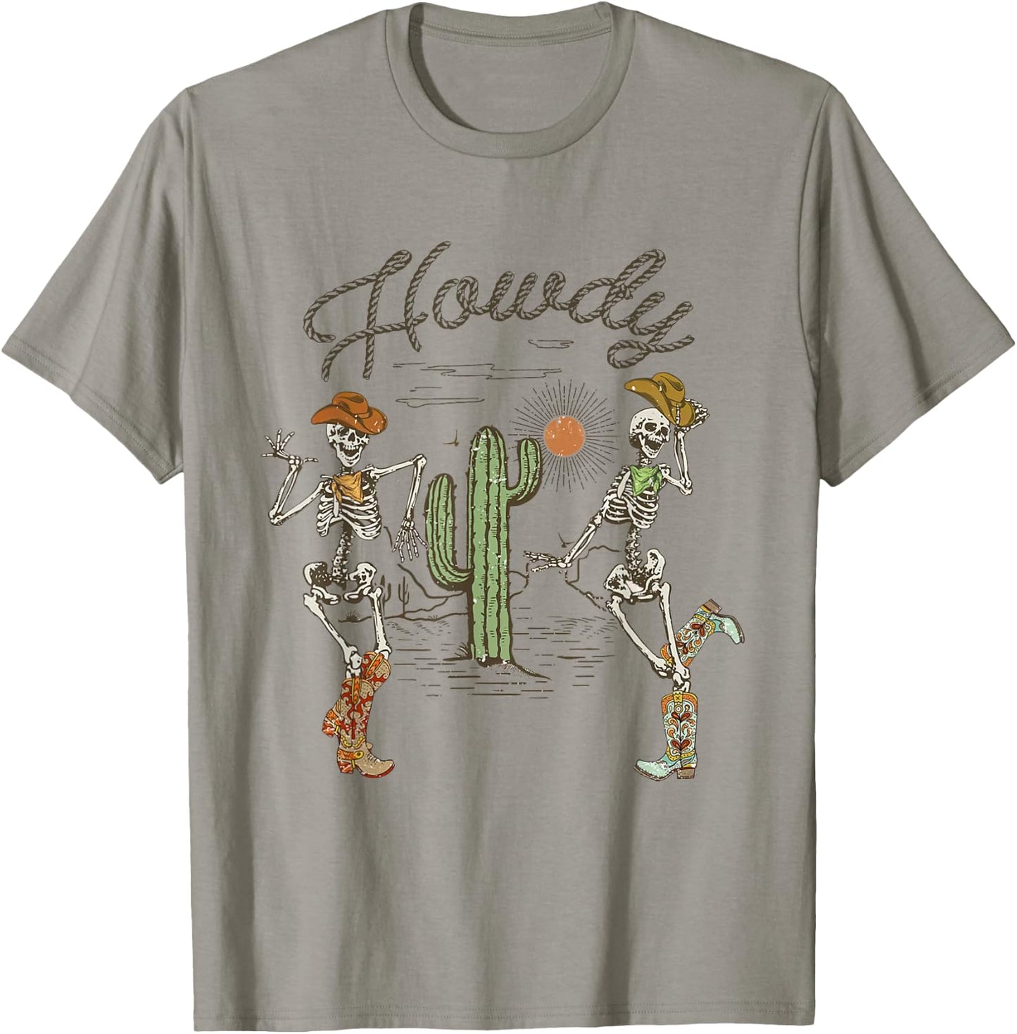 Skeleton Dancing Howdy Skeleton Cowboy Boots Hat T-Shirt - T-Shirt | Sand