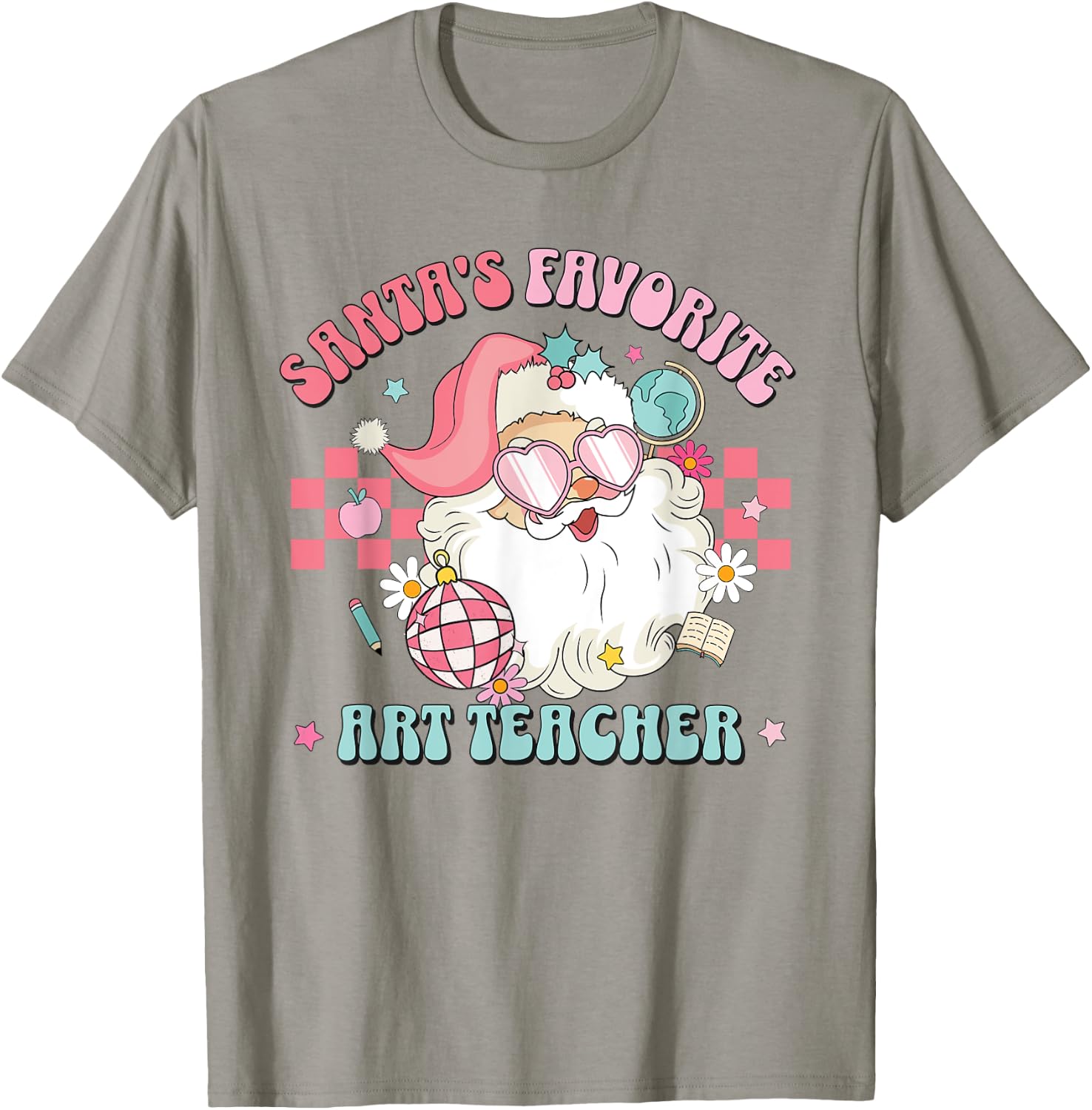 Retro Pink Christmas Santa's Favorite Art Teacher Artist T-Shirt - T-Shirt | Sand