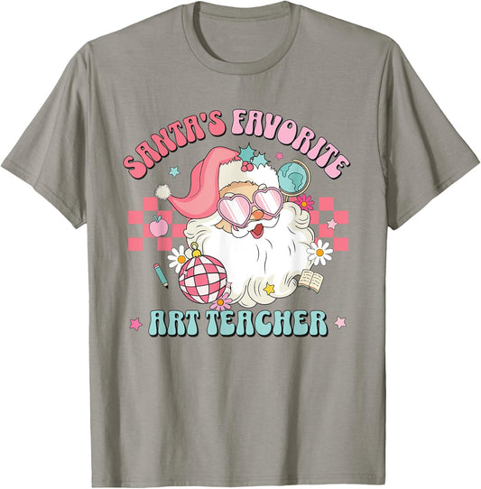 Retro Pink Christmas Santa's Favorite Art Teacher Artist T-Shirt - T-Shirt | Sand