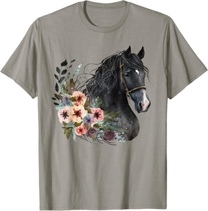 Horse Head Watercolor Equestrian Horse With Flowers T-Shirt - T-Shirt | Sand