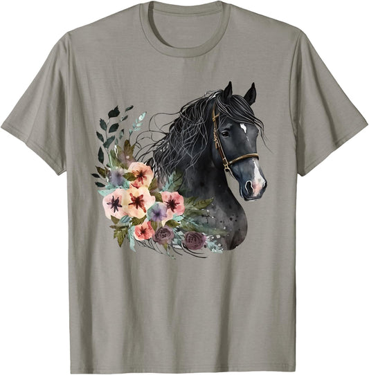 Horse Head Watercolor Equestrian Horse With Flowers T-Shirt - T-Shirt | Sand
