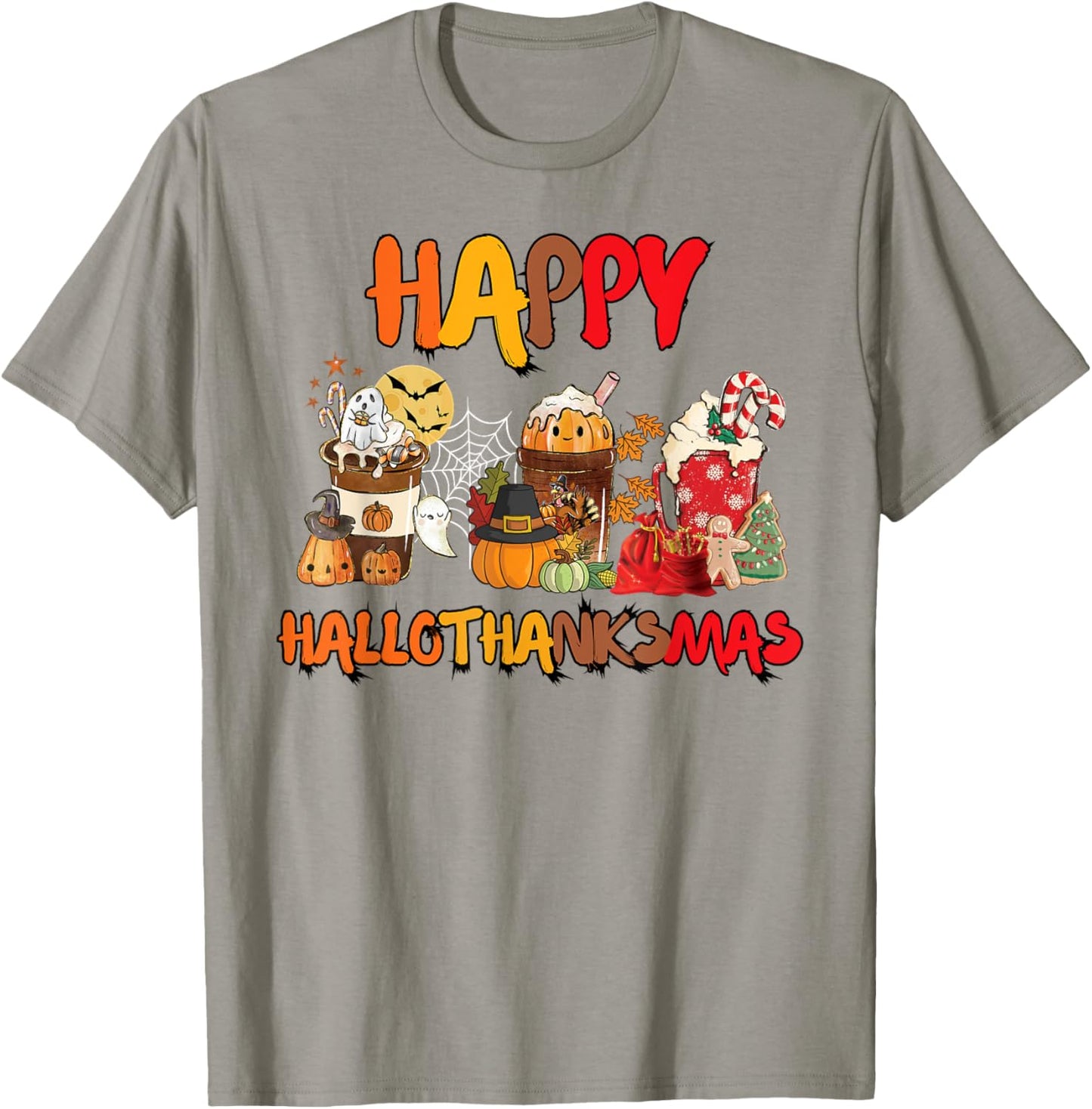 Halloween Thanksgiving Christmas Happy Hallothanksmas Coffee T-Shirt - T-Shirt | Sand