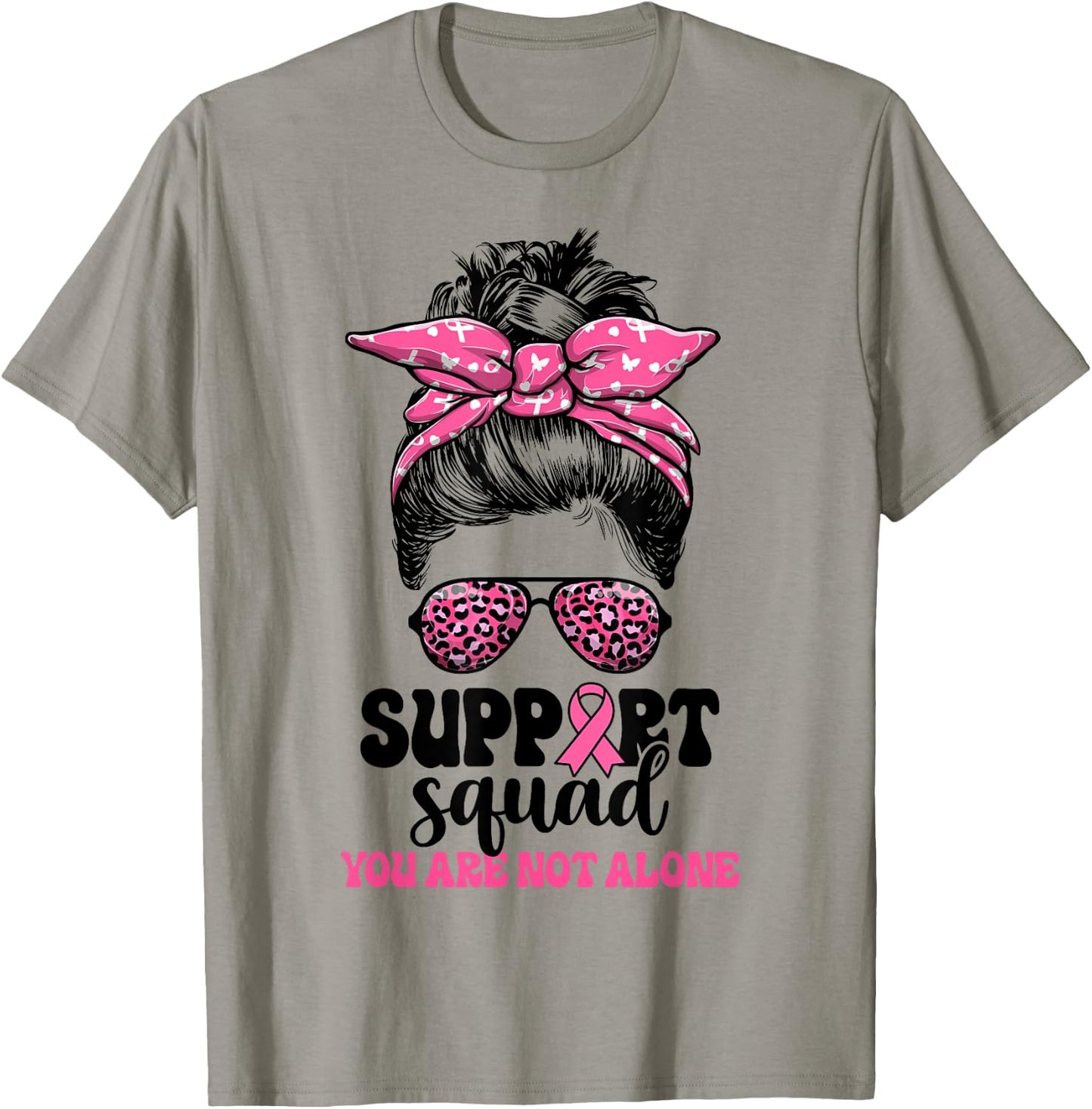 Support Squad Messy Bun Pink Warrior Breast Cancer Awareness T-Shirt - T-Shirt | Sand