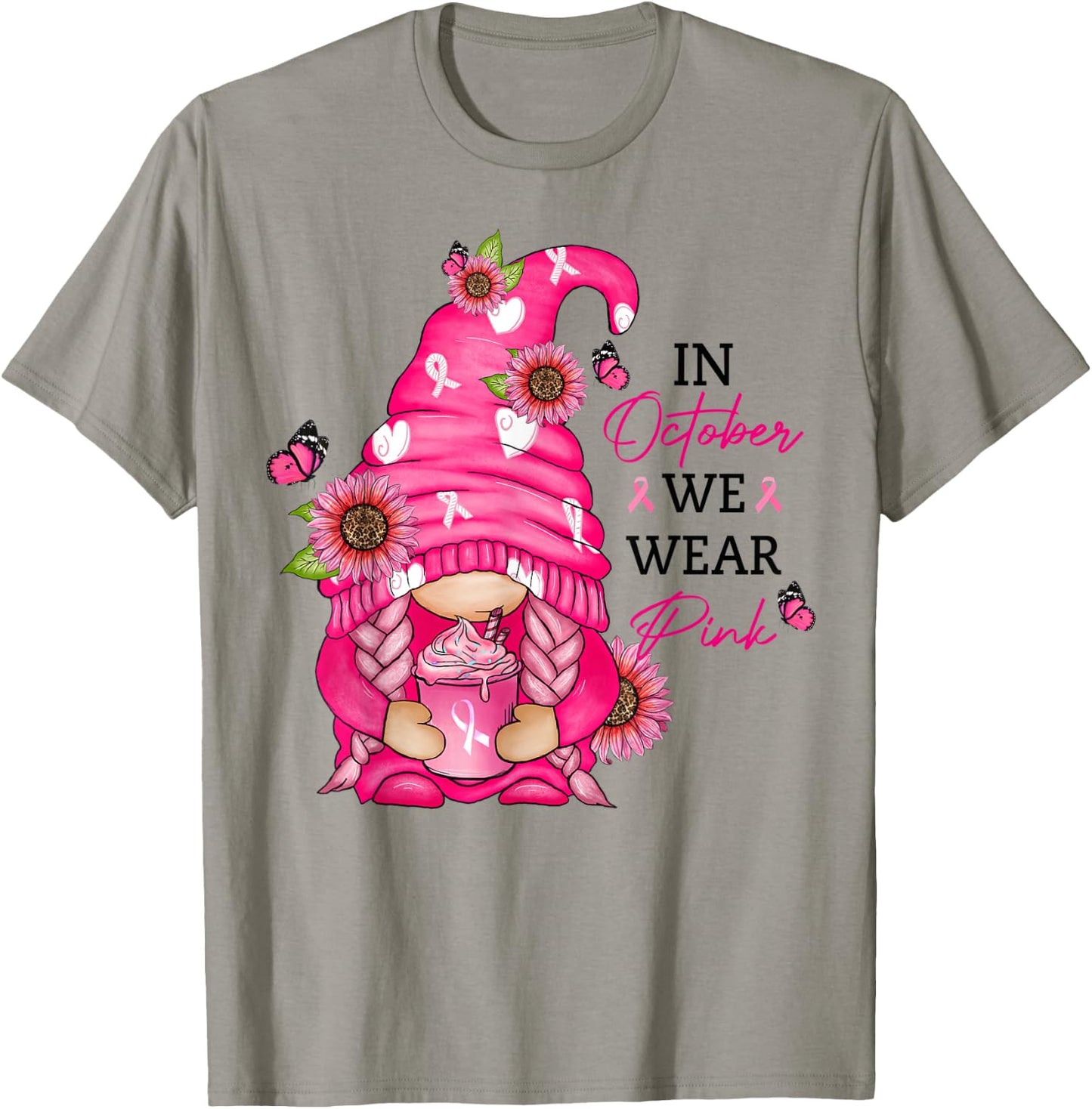 Pink Gnome Breast Cancer Awareness Graphic T-Shirt - T-Shirt | Sand
