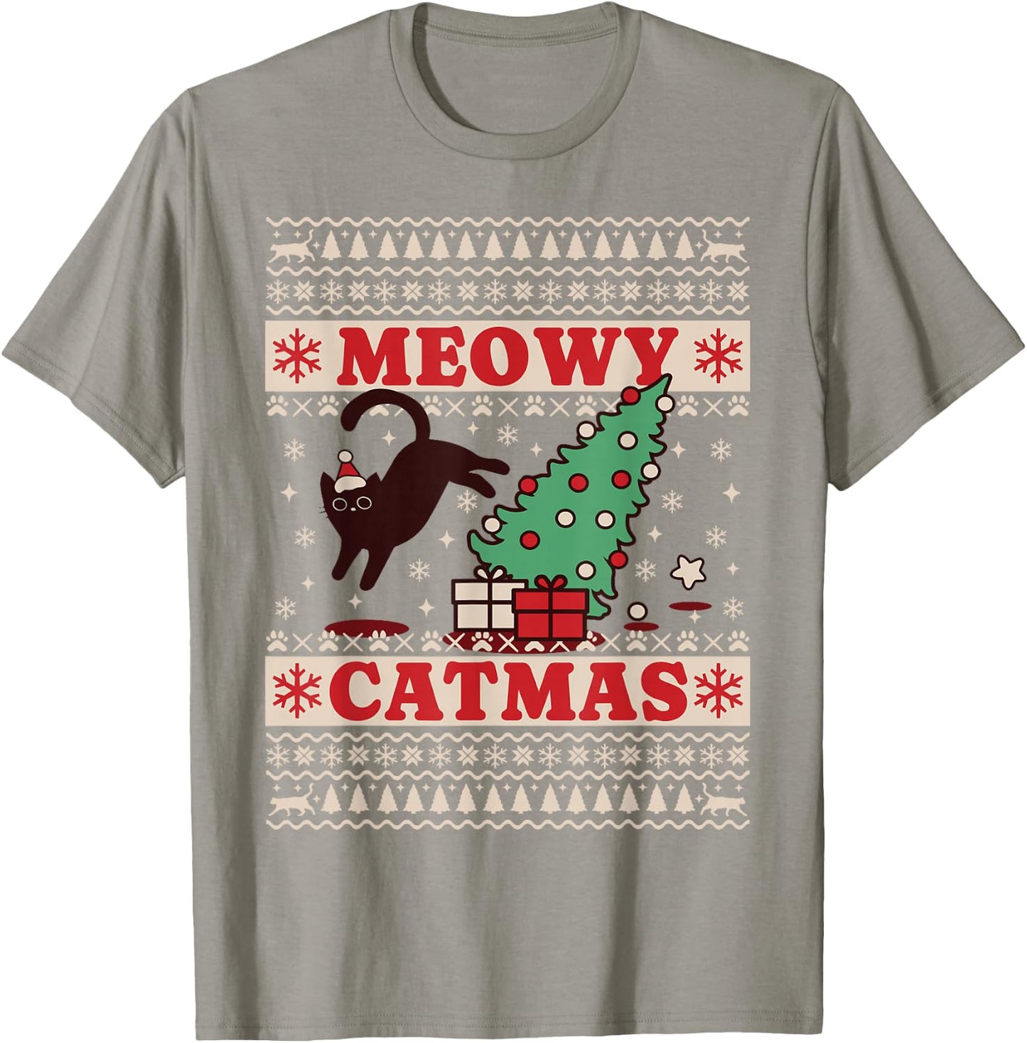 Meowy Catmas, Ugly Christmas Sweater, Cat Christmas T-Shirt - T-Shirt | Sand