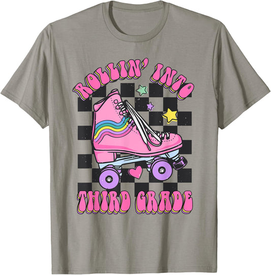 Kids Back To School Skating Rollin Into Third 3rd Grade T-Shirt - T-Shirt | Sand