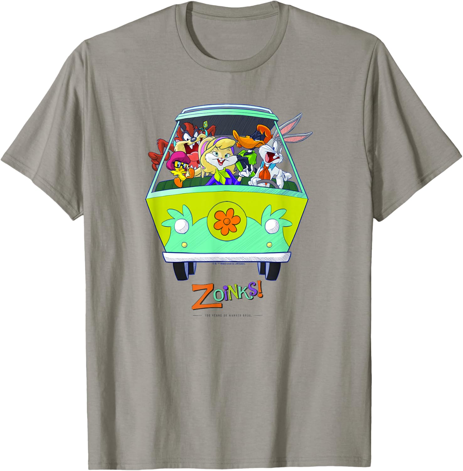 WB 100 Looney Tunes Group Shot The Mystery Machine Zoinks! T-Shirt - T-Shirt | Sand