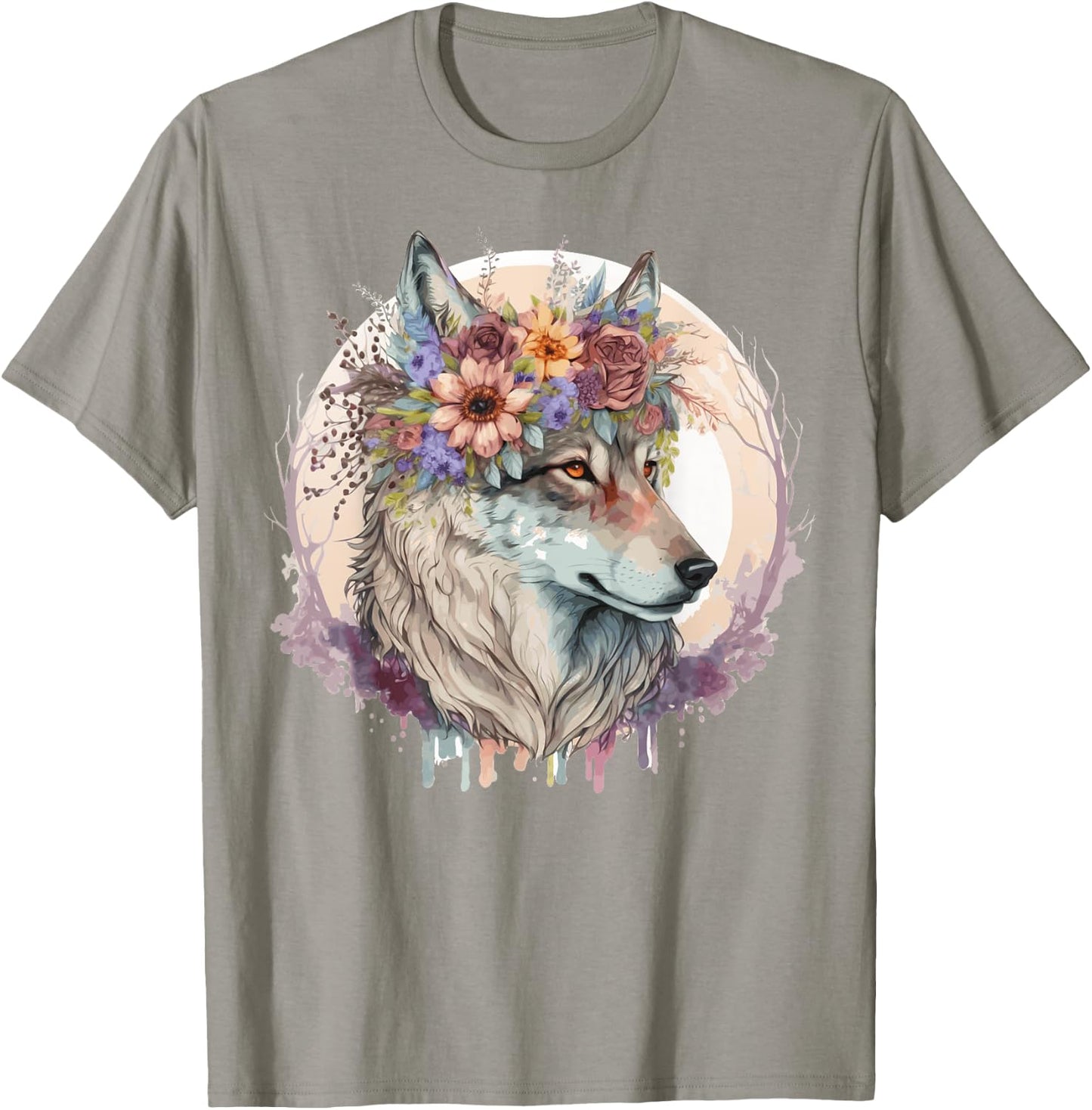 Cute Wolf Flower Crown Boho Aesthetic Animal Lovers T-Shirt - T-Shirt | Sand