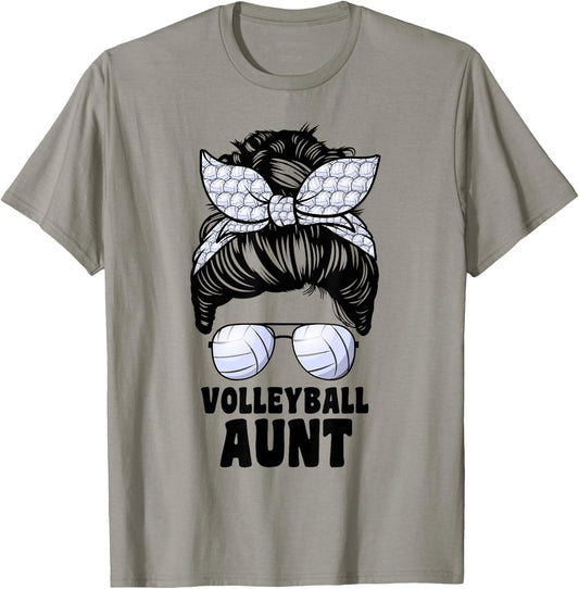 Proud Volleyball Aunt Messy Bun Volleyball Auntie T-Shirt - T-Shirt | Sand