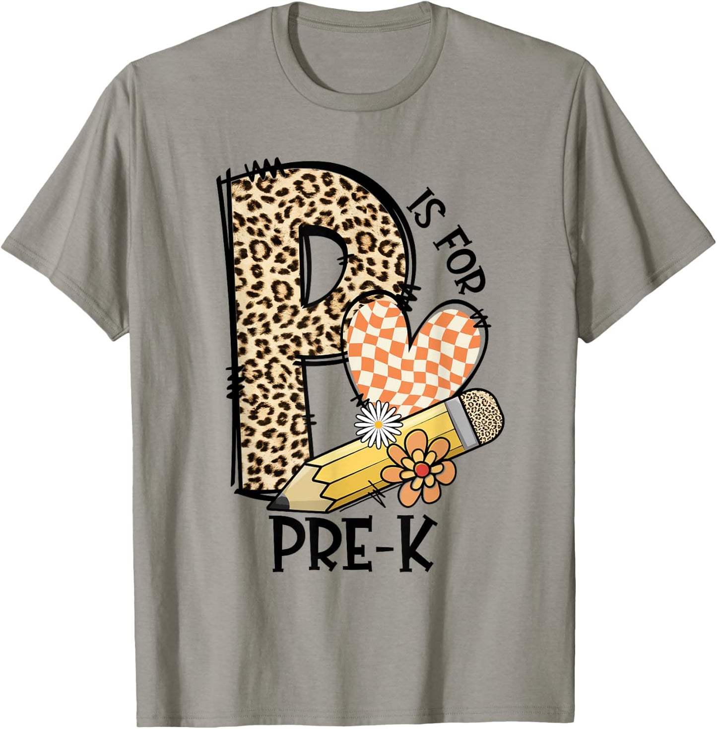 P Is For Pre K Teacher Leopard First Day Of School Women Girls Kids T-Shirt - T-Shirt | Sand