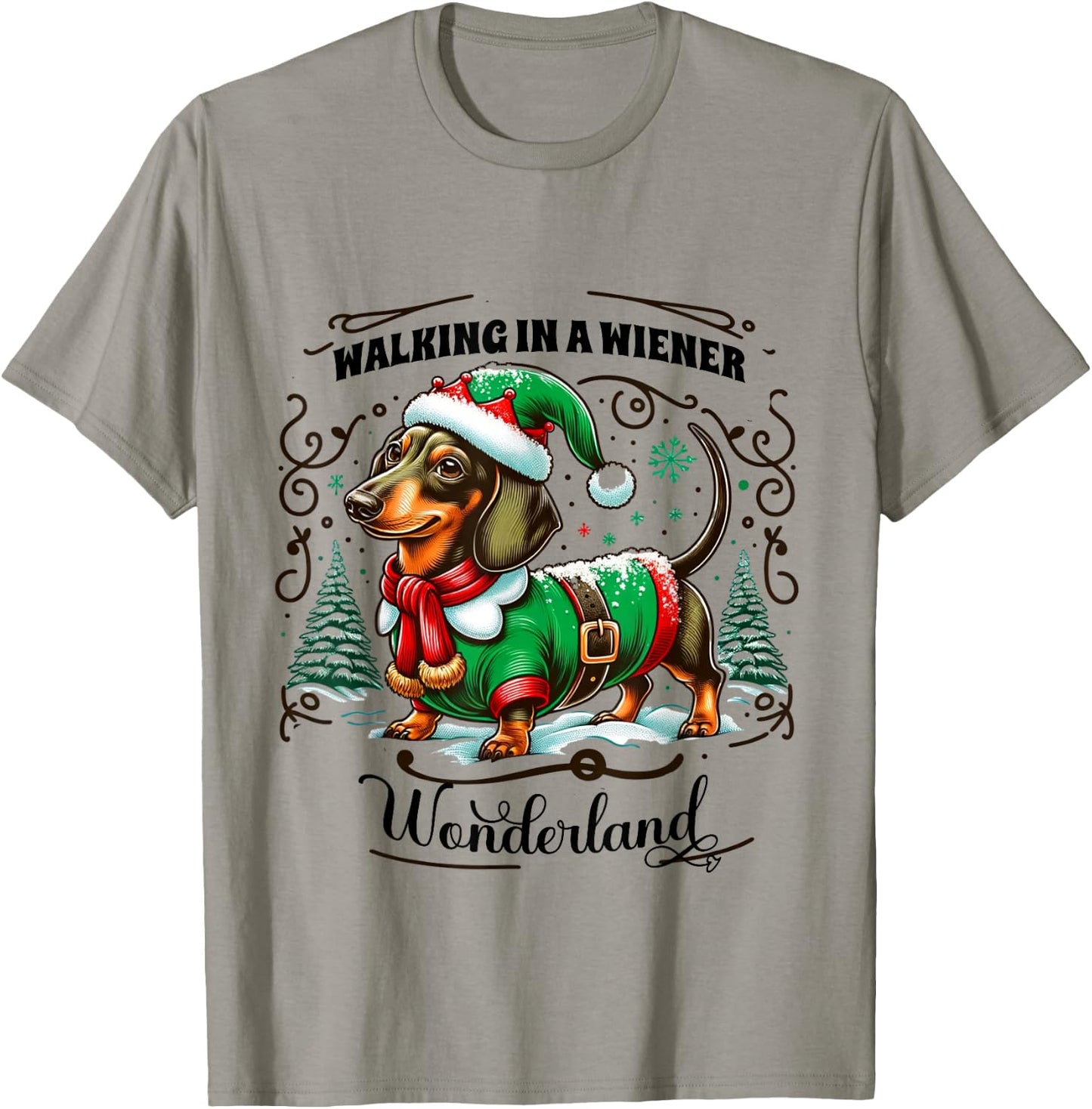 Dachshund Christmas Walking In A Wiener Wonderland Cute Dog Men Women Kids T-Shirt - T-Shirt | Sand