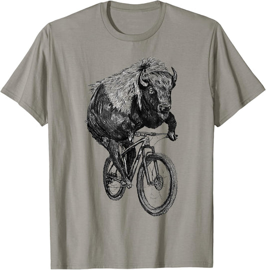Buffalo Riding A Bicycle Hand Drawn Vintage Bike Buffalo T-Shirt - T-Shirt | Sand