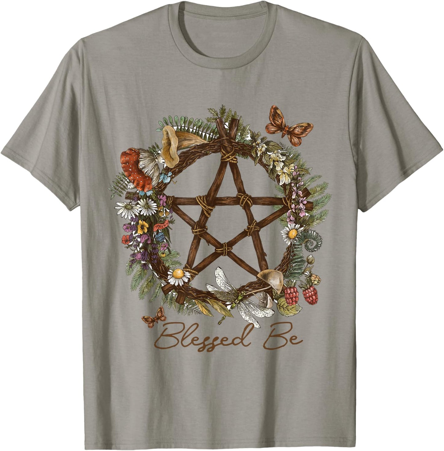 Blessed Be Floral Pentacle Witchcraft Pagan Witchy Design T-Shirt - T-Shirt | Sand