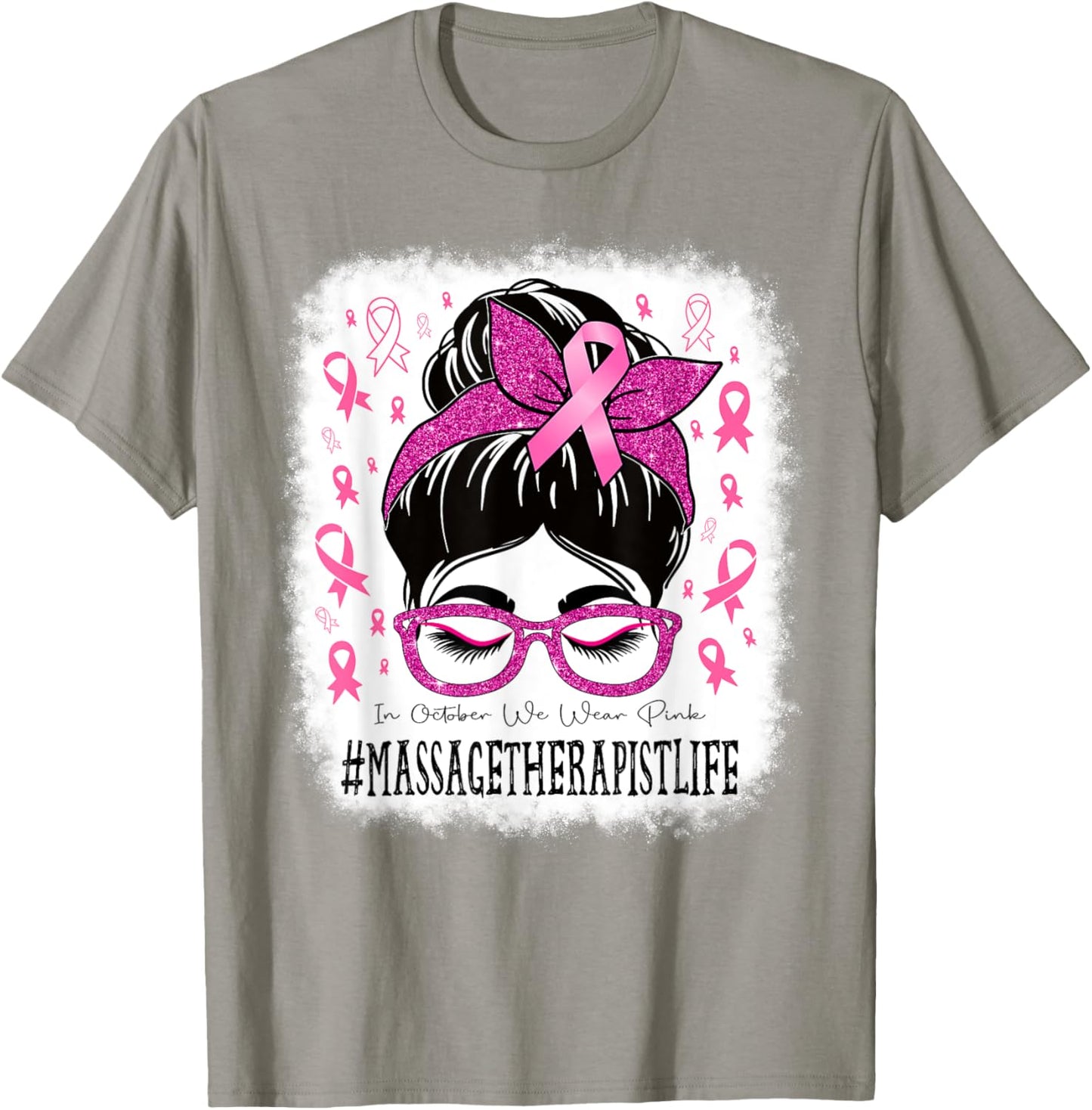 Massage Therapist Messy Bun Women Breast Cancer Awareness T-Shirt - T-Shirt | Sand