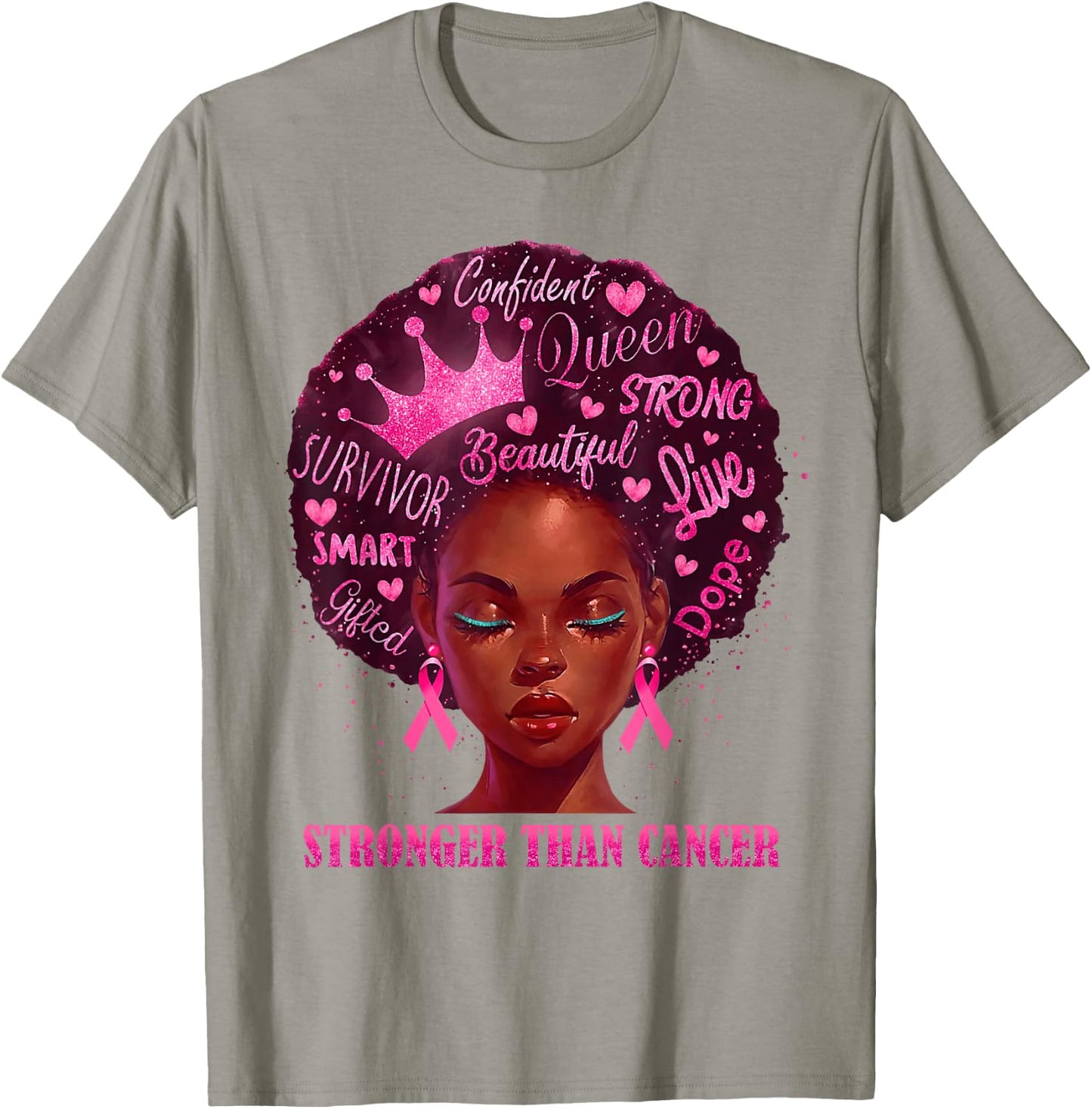 Black Women Queen Stronger Than Breast Cancer Pink Ribbon T-Shirt - T-Shirt | Sand