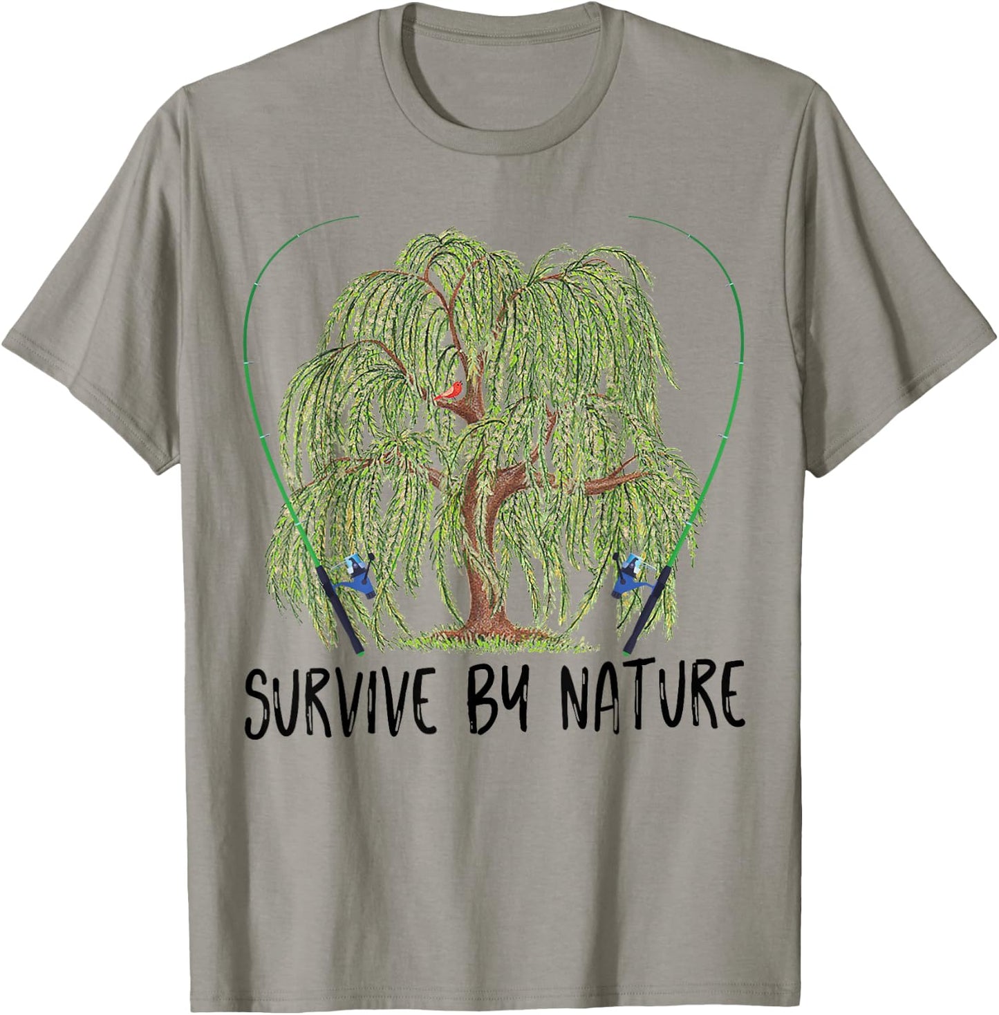 Survive By Nature weeping willow tree with fishing rod T-Shirt - T-Shirt | Sand