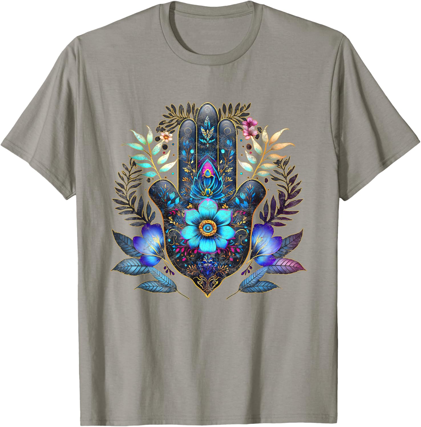 Hamsa, hand, blue, Nazar, flower, eye, charm, vintage, luck T-Shirt - T-Shirt | Sand