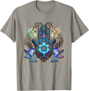 Hamsa, hand, blue, Nazar, flower, eye, charm, vintage, luck T-Shirt - T-Shirt | Sand