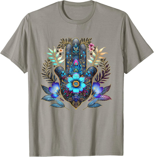 Hamsa, hand, blue, Nazar, flower, eye, charm, vintage, luck T-Shirt - T-Shirt | Sand