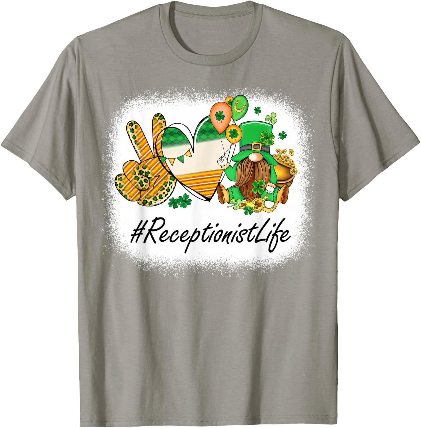Receptionist Peace Love St Patricks Day Women Gnome T-Shirt - T-Shirt | Sand