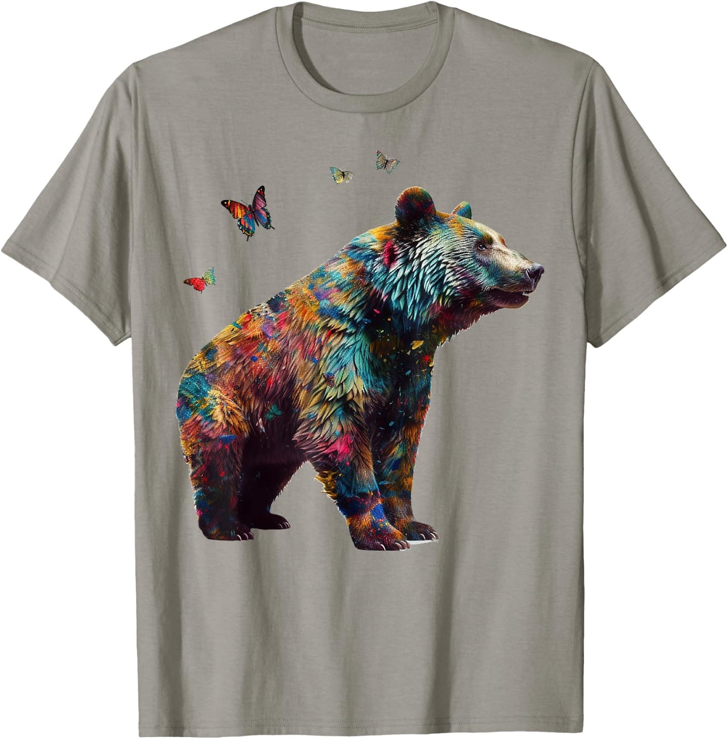 Bear Butterfly Artwork |Colorful Animal Motif Bear T-Shirt - T-Shirt | Sand