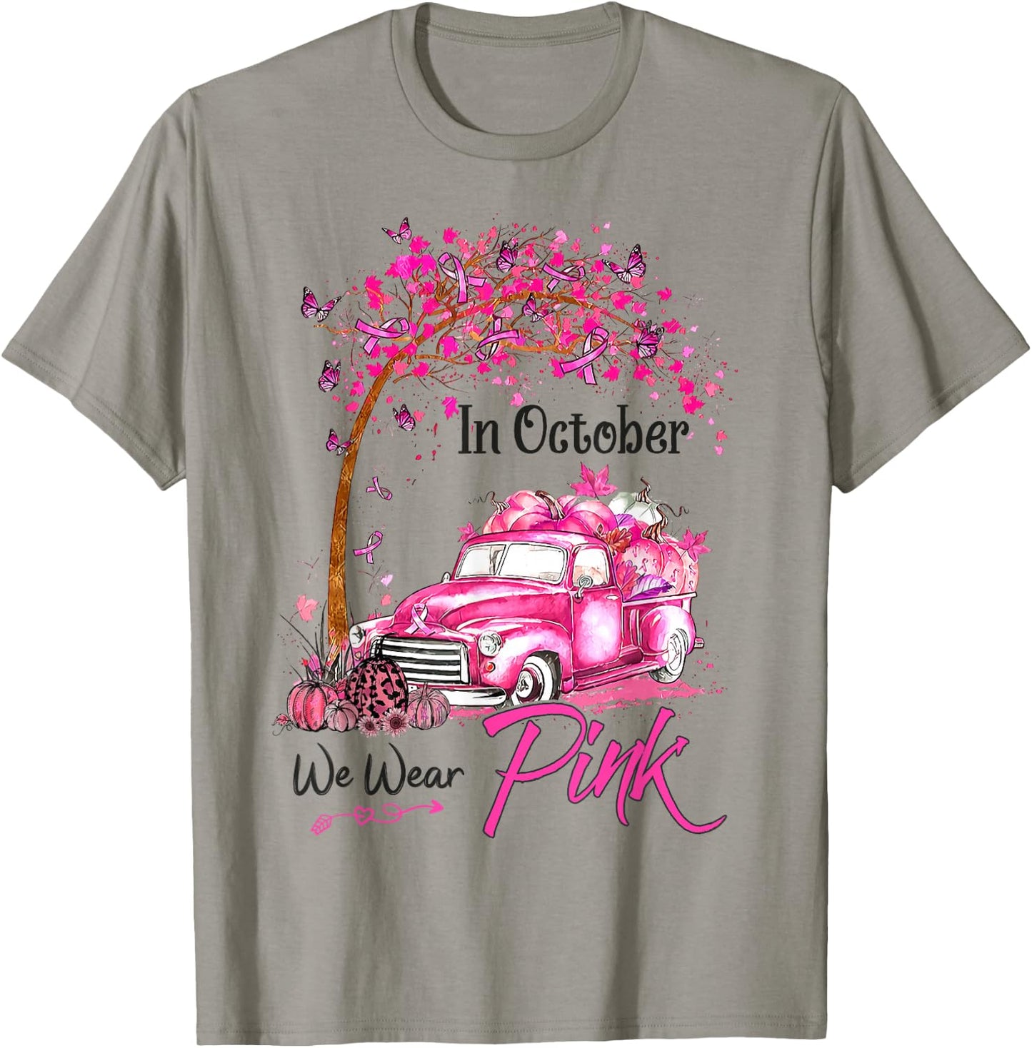 In October We Wear Pink Car Pumpkin Breast Cancer Halloween T-Shirt - T-Shirt | Sand