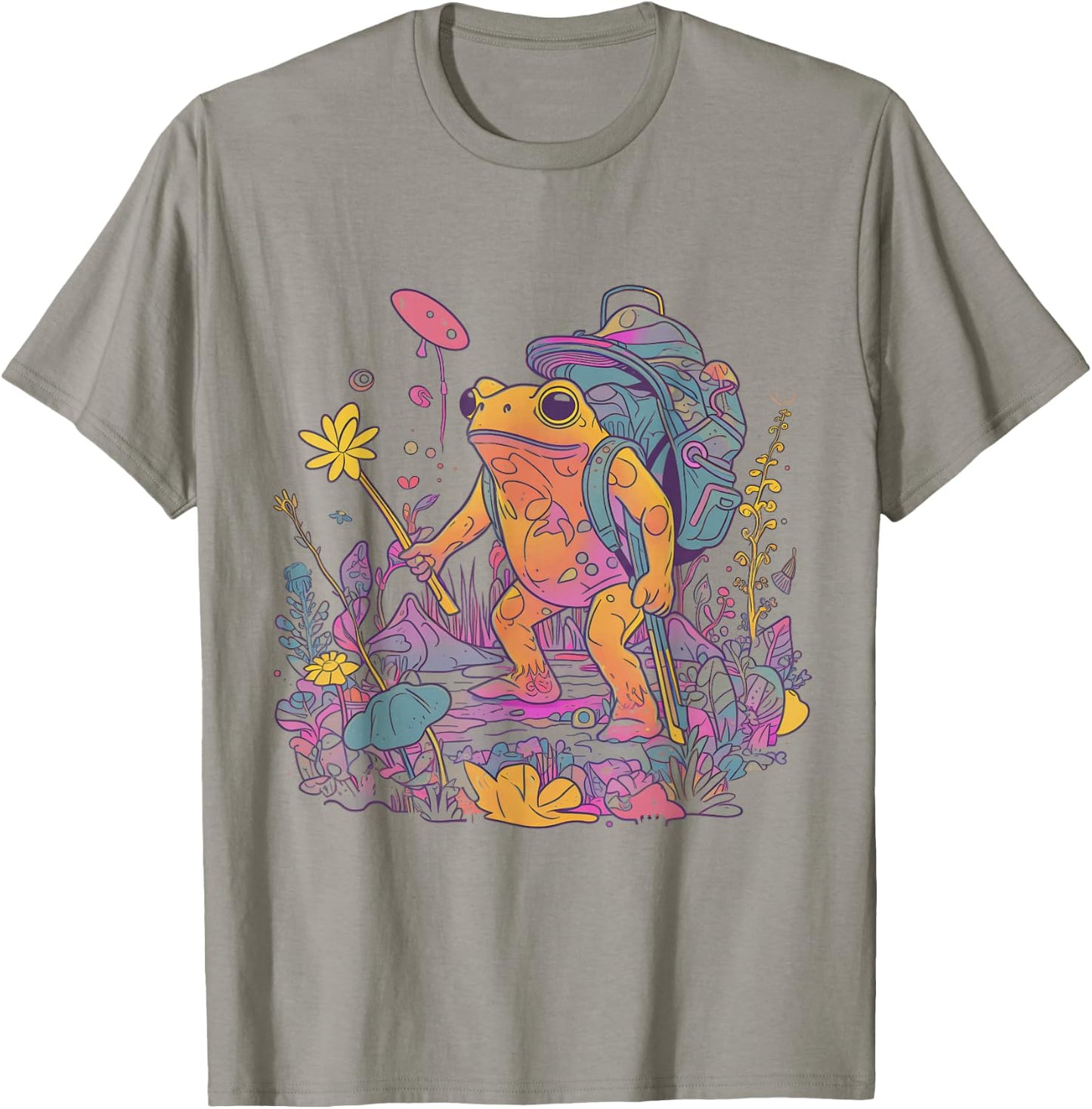 Psychedelic Frog Hiking Camping EDM Music Festival Mushroom T-Shirt - T-Shirt | Sand