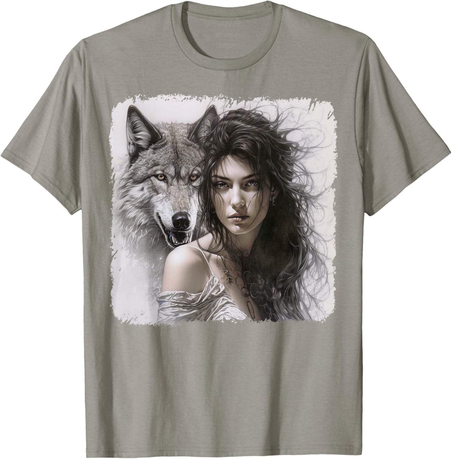 Woman with Gray Wolf Fantasy Art Painting T-Shirt - T-Shirt | Sand