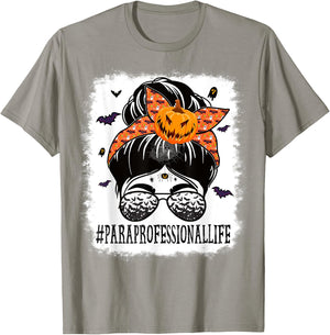 Paraprofessional Messy Bun Spooky Pumpkin Orange Halloween T-Shirt - T-Shirt | Sand