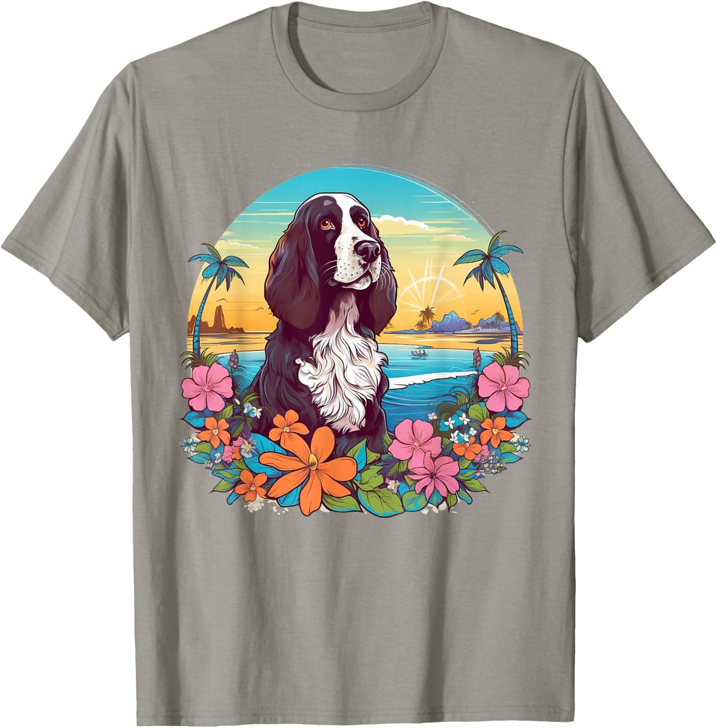 Floral Beach Vacation English Springer Spaniel Dog T-Shirt - T-Shirt | Sand
