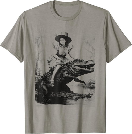 Girl Riding Alligator | Weird Funny Florida Crocodile Meme T-Shirt - T-Shirt | Sand