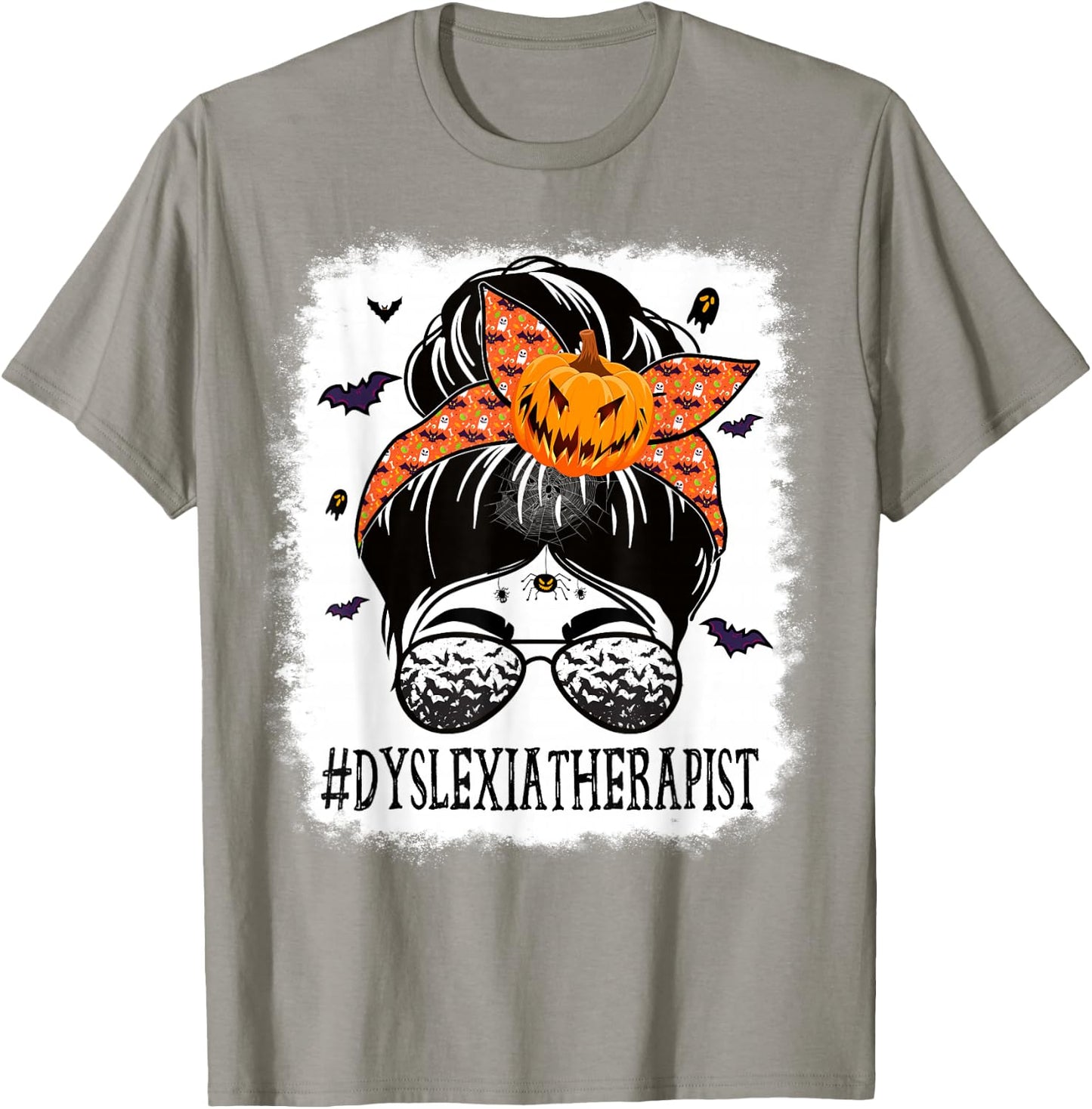 Dyslexia Therapist Messy Bun Spooky Pumpkin Orange Halloween T-Shirt - T-Shirt | Sand